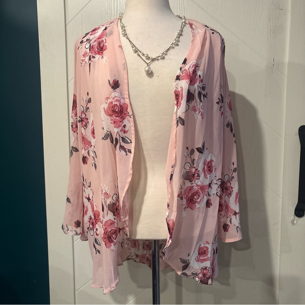 Pink‎ Floral Chiffon Open Front Kimono Cardigan L/Feminine/ Softgirl/layering